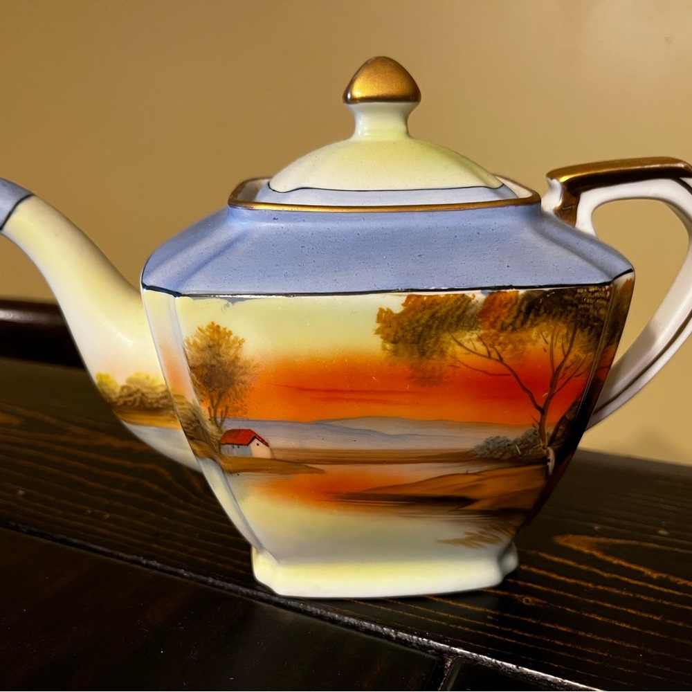 Vintage Noritake Landscape Teapot with Gold Accents